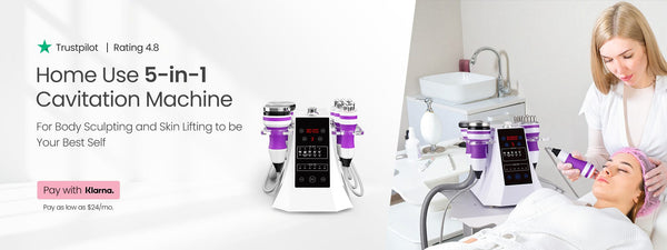 Promotional banner for a home-use 5-in-1 cavitation machine. The left side features the white and purple machine with digital screens and text, while the right side shows a lifestyle scene of a therapist treating a client in a spa setting.