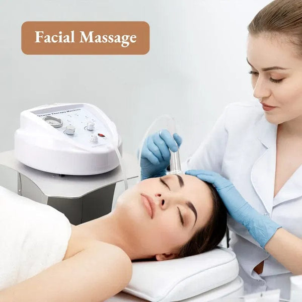 Facial massage procedure with a technician and client in a clinical setting.