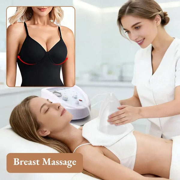 Woman receiving breast massage with a device, inset showing a black bra.