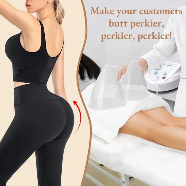 Woman in black leggings with text 'Make your customers butt perkier, perkier, perkier!' and a medical device in the background.