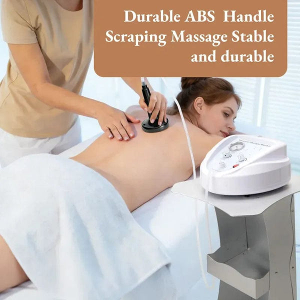 A woman lies on a treatment table while another person uses a handheld device on her back. A white machine sits on a stand beside the table, and a tan text box at the top reads 'Durable ABS Handle Scraping Massage Stable and durable.