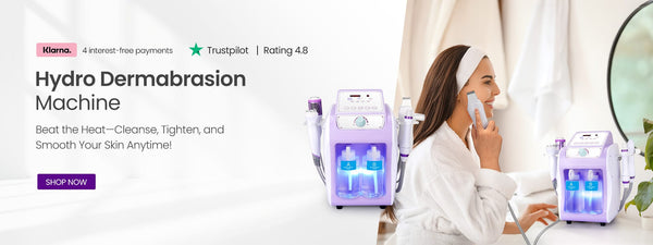 A promotional banner for a hydro dermalabration machine. On the left, text reads 'Hydro Dermabrasion Machine' with marketing copy and a purple 'SHOP NOW' button.