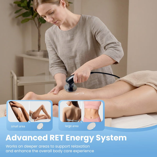 A woman uses a handheld professional body treatment device on a client's leg in a spa-like setting. The image includes two inset diagrams showing treatment areas labeled 'small area' and 'large area,' plus marketing text reading 'Advanced RET Energy System.