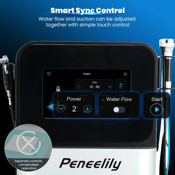 8 In 1 Hydro Dermabrasion Machine For Professional Skin Rejuvenation with smart sync control. Water flow and suction can be adjusted  
together with simple touch control