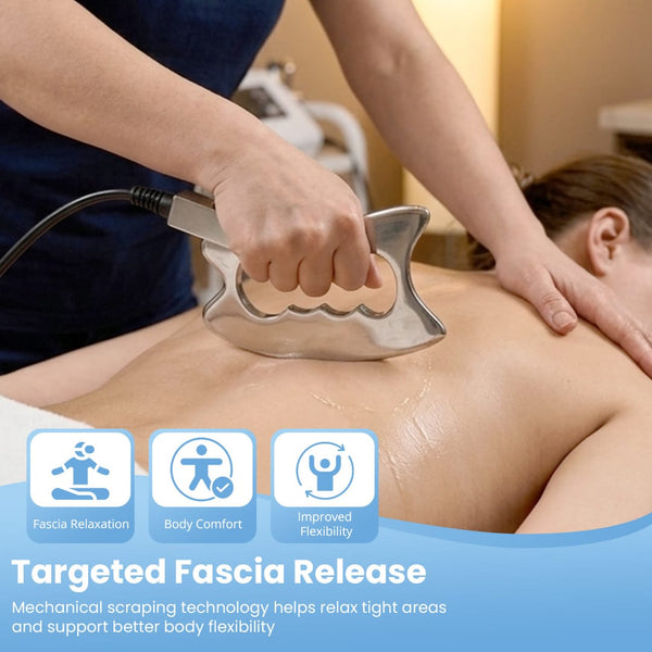 A close-up of a person receiving a targeted fascia release massage, with a therapist using a handheld metal scraping device on the upper back. The image includes three feature icons and text reading 'Targeted Fascia Release' at the bottom.