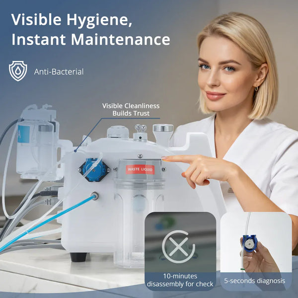 8-in-1 Hydro Dermabrasion (Aqua Peeling) System For Pro-Level Skin Rejuvenation-- visible hygiene and instant maintenance. Anti-Bacterial and Build Trust.