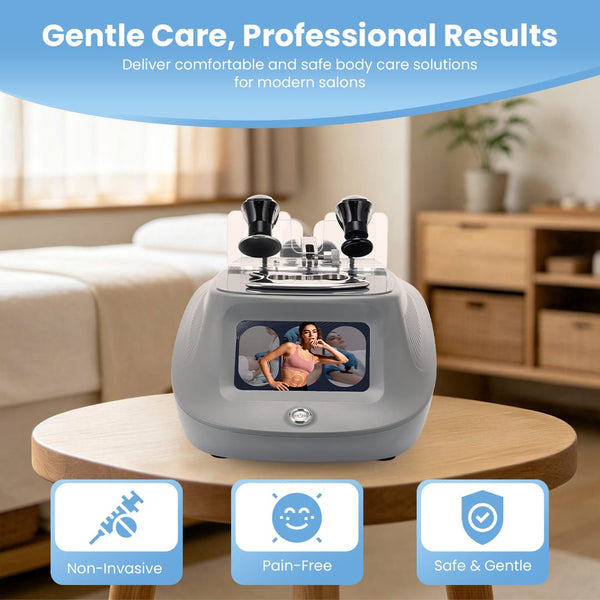 A gray salon beauty device with dual black-handled tools and a small screen, shown on a wooden table in a softly blurred salon interior. Promotional text at the top reads 'Gentle Care, Professional Results,' and three feature icons at the bottom say Non-Invasive, Pain-Free, and Safe & Gentle.