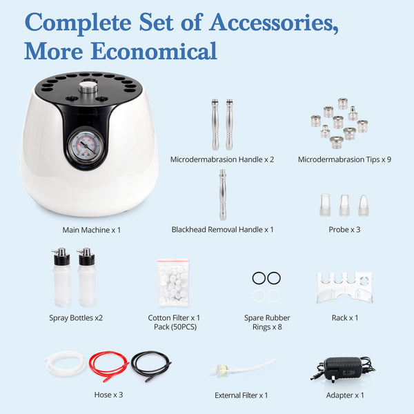 A product accessory set on a light blue background with the headline 'Complete Set of Accessories, More Economical.' The main item is a white and black microdermabrasion machine, surrounded by included accessories labeled in text: spray bottles, cotton filter, spare rubber rings, rack, hoses, adapter, and microdermabrasion handles and tips.