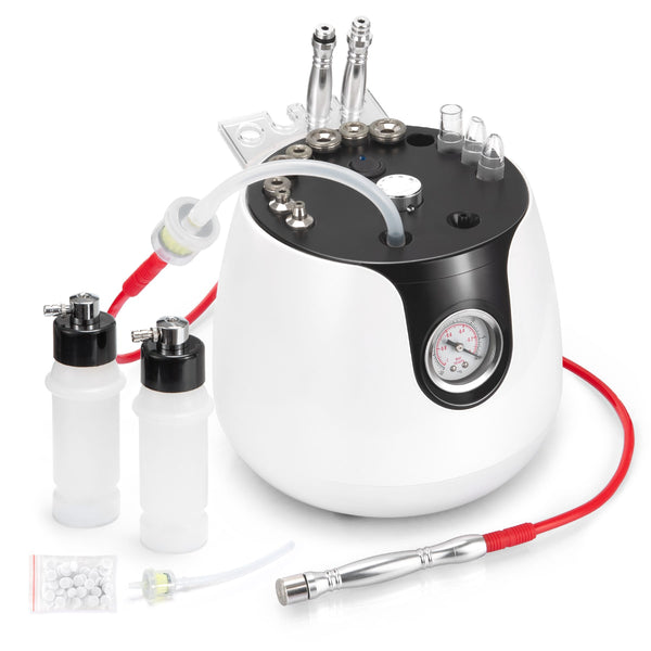 White and black device with various components and hoses on a white background
