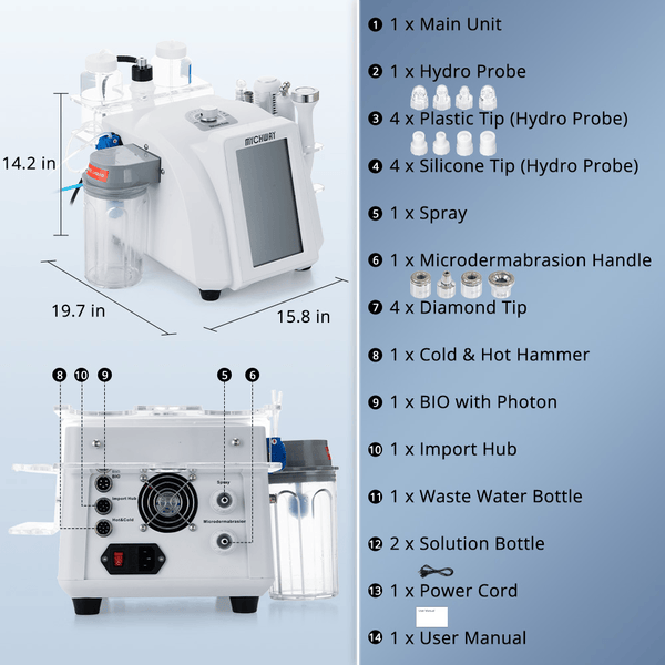 Packing list of 8-in-1 Hydro Dermabrasion (Aqua Peeling) System For Pro-Level Skin Rejuvenation. Focus on deep cleansing, deep hydration, exfoliation, skin tightening & lifting, and nutrition import.