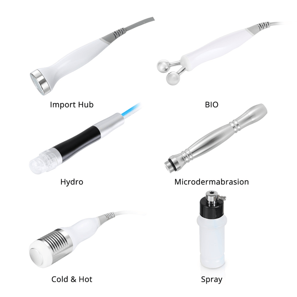 Handle of 8-in-1 Hydro Dermabrasion (Aqua Peeling) System For Pro-Level Skin Rejuvenation. Focus on deep cleansing, deep hydration, exfoliation, skin tightening & lifting, and nutrition import.