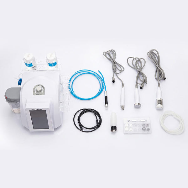 MYCHWAY 8-in-1 hydro dermabrasion machine with all included accessories laid out flat, including multiple handpieces, tubing, solution bottles, and replacement tips on a white background