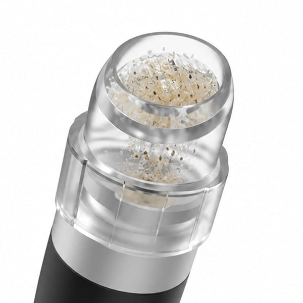 Close-up of a diamond microdermabrasion tip attachment for the MYCHWAY 8-in-1 hydro dermabrasion machine, showing crystal exfoliation particles inside a clear acrylic tip