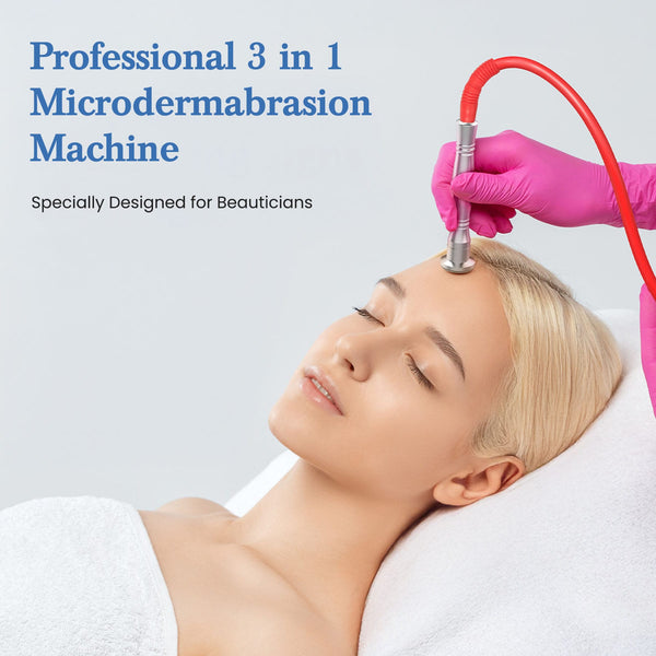 A woman lies on a treatment bed while a gloved hand uses a red-handled microdermabrasion device on her forehead. Blue text at the top reads 'Professional 3 in 1 Microdermabration Machine' and 'Specially Designed for Beauticians.