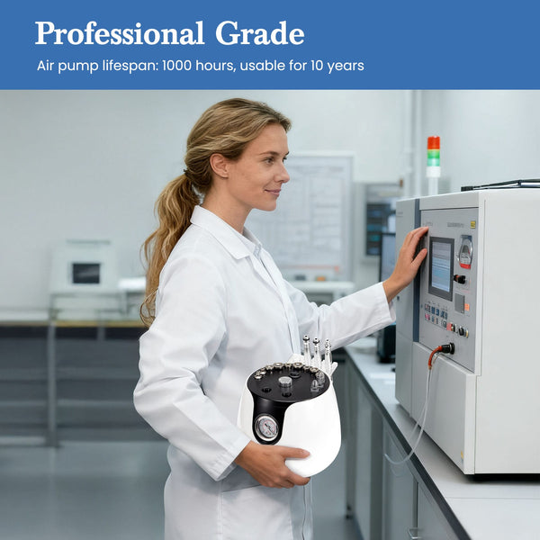 Woman in a lab coat holding a professional-grade air pump in a laboratory setting.