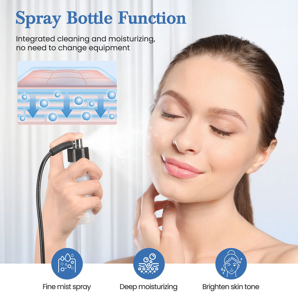 Woman using a spray bottle for skincare with text on integrated cleaning and moisturizing.