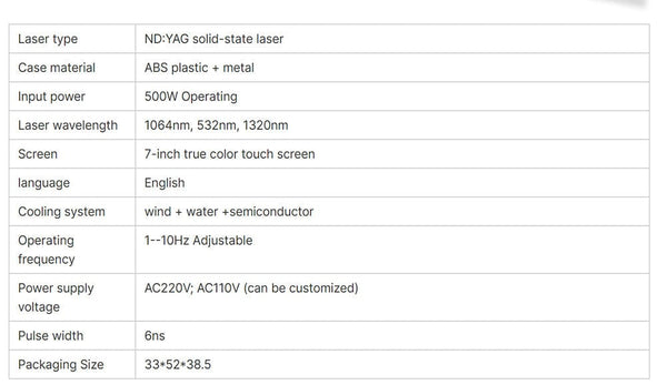 Specifications of CL-11V1 Yag Laser Picosecond Machine