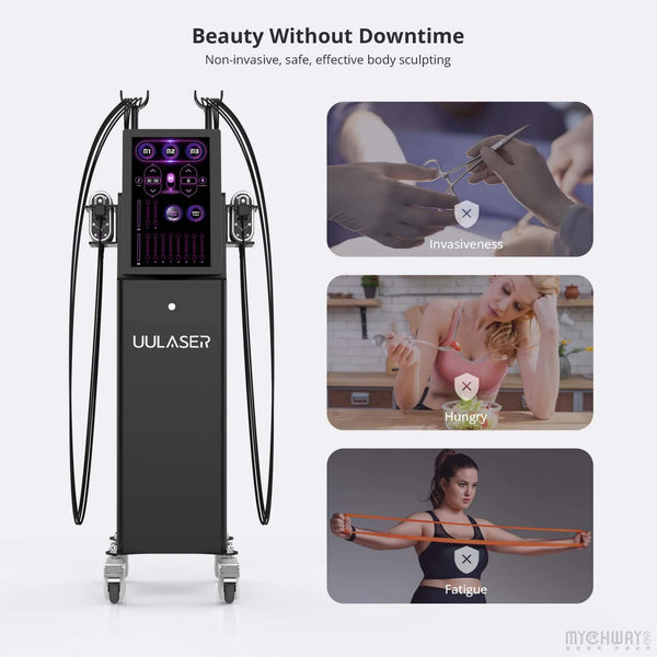 A UULASER beauty device with dual treatment arms and a digital control panel, shown alongside three inset images demonstrating its non-invasive, weight-loss, and fatigue-reducing effects.