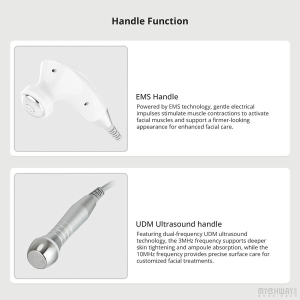 An informational graphic titled 'Handle Function' showing two handheld cosmetic device handles on a light gray background. The top panel shows a white EMS Handle with descriptive text about EMS technology and facial muscle stimulation.