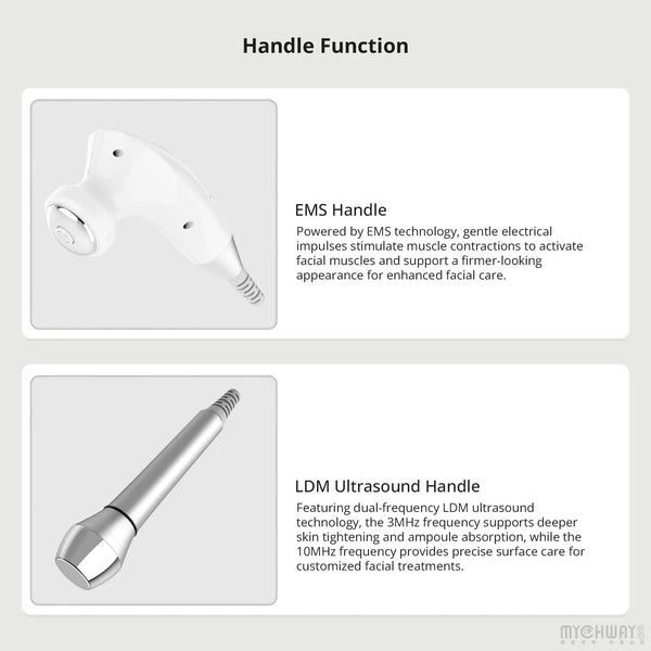An informational graphic titled 'Handle Function' showing two handheld cosmetic device handles: a white EMS Handle with explanatory text, and a silver LDM Ultrasound Handle with explanatory text, on a light gray background.
