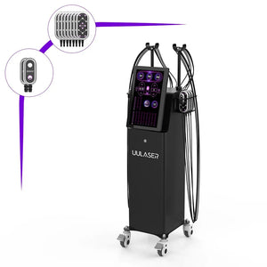A black Uulaser mobile beauty device with a digital control screen, multiple hanging cables, and caster wheels, shown on a white background with two circular inset callouts highlighting the treatment heads and remote control.