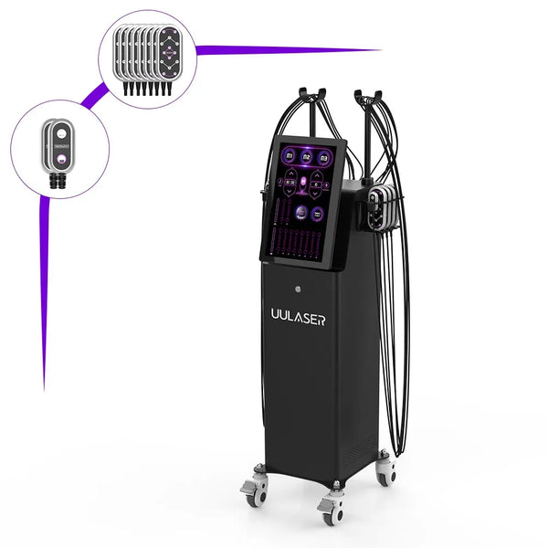 A black Uulaser mobile beauty device with a digital control screen, multiple hanging cables, and caster wheels, shown on a white background with two circular inset callouts highlighting the treatment heads and remote control.