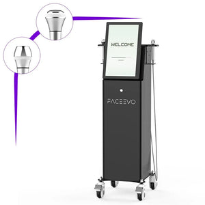A black and silver FACEVO mobile beauty device with a touchscreen display, shown on a white background with two circular inset diagrams highlighting the treatment heads.