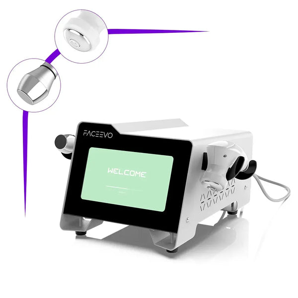 White FACEROV0 facial treatment device with a black front panel and screen, shown on a white background with two circular inset diagrams of applicator heads and purple connector lines.