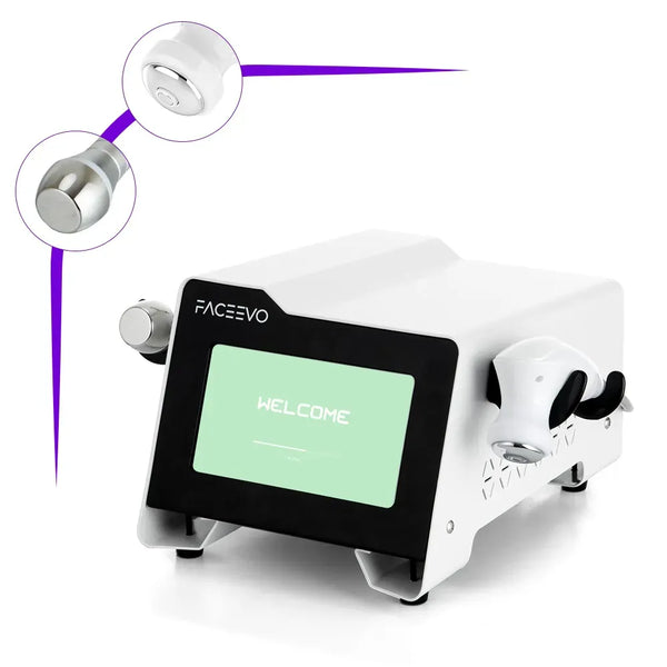 A white and black FACÉVO beauty device with a green screen displaying 'WELCOME', shown on a white background with two circular inset diagrams highlighting the tip attachments.