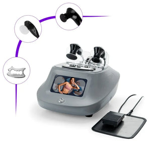 A gray beauty device with a built-in screen, two black applicator heads, and a separate black power pad, shown on a white background with three circular inset callouts highlighting the applicator tips and a metal tray.