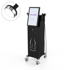 Black mobile beauty device with a touchscreen display, caster wheels, and a circular inset showing the head attachment, on a white background.