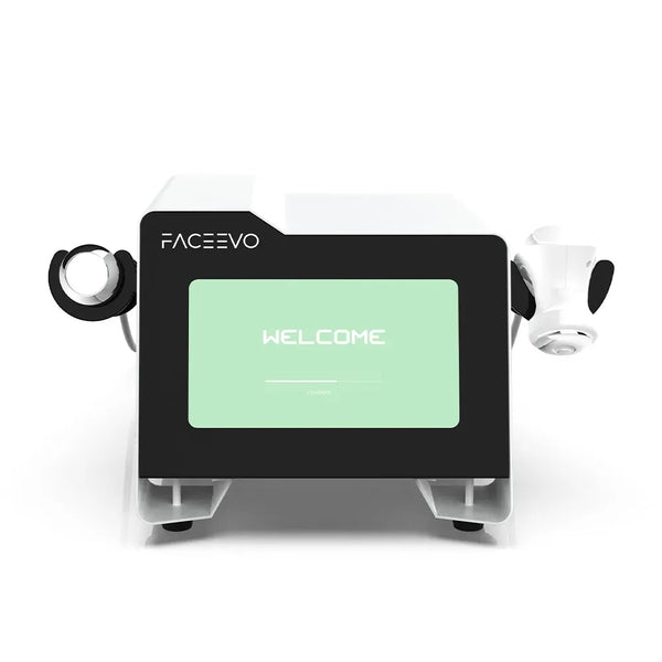 A white and black FACE:EVO beauty device with a central screen displaying a light green 'WELCOME' graphic, shown on a clean white background.
