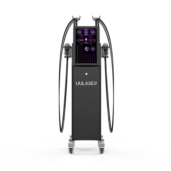 A black Uulaser mobile beauty device with dual hanging treatment arms, a digital touch screen interface, and caster wheels, shown on a solid white background.