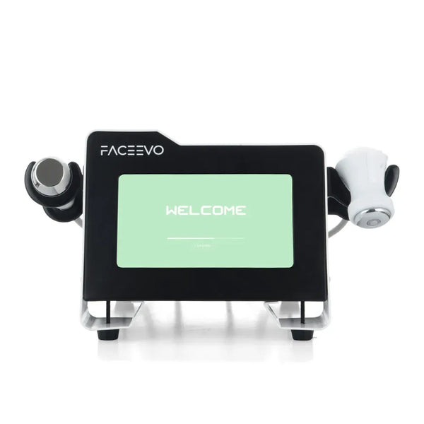 FACEEVO handheld skin therapy device with a black main console, silver stand, and two treatment heads on either side, shown on a white background.