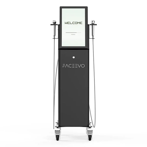 A black Faceevo mobile skincare device on wheels, featuring a large front-facing display screen with a white 'WELCOME' panel and silver metal treatment heads on both sides, set against a plain white background.