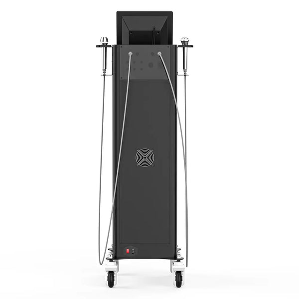 A black and silver mobile beauty device on wheels, featuring a central control screen, two hanging treatment arms with metal nozzles, and a cord, shown against a plain white background.