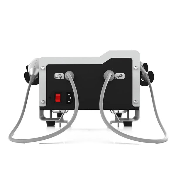 A dual-channel massage or therapy device shown from the back, featuring a black faceplate, silver metal casing, gray hoses, and two black handles on either side, photographed on a clean white background.