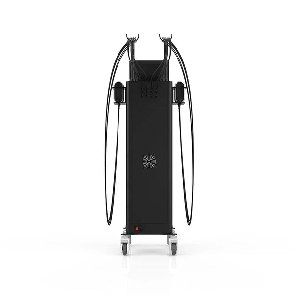 A black electronic beauty device on a wheeled cart with two long curved cables and handheld attachments, shown against a plain white background.