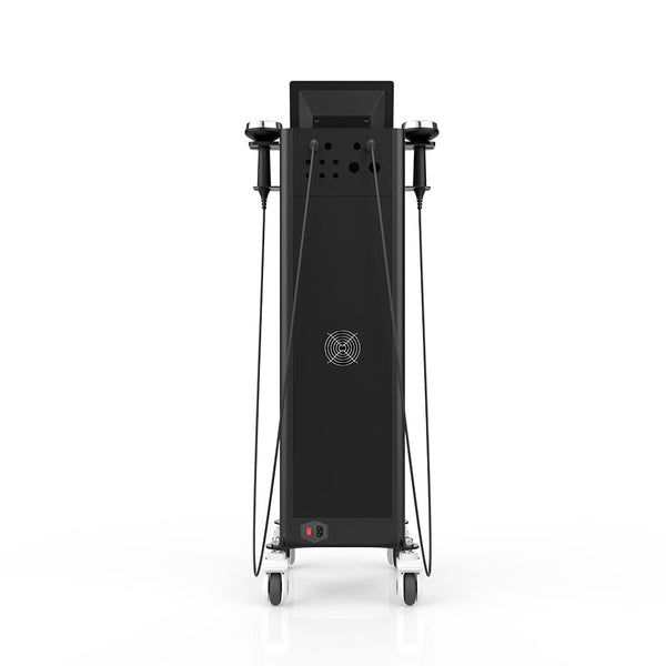 A black medical or beauty treatment machine on a wheeled cart, shown from the back against a clean white background.