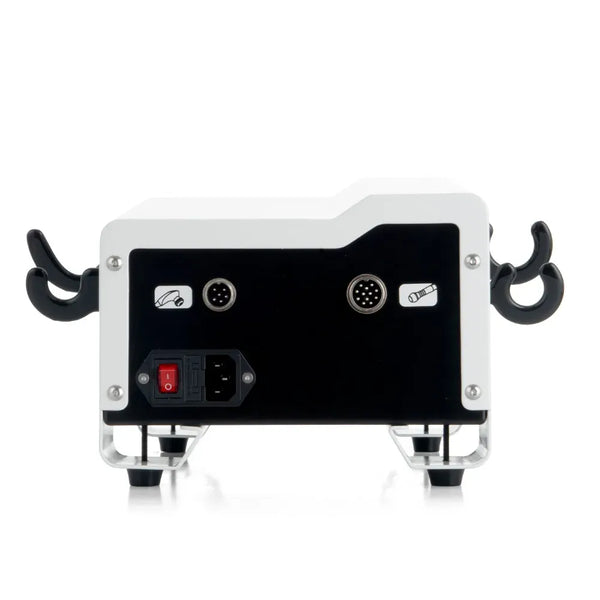 The rear view of a white and black electronic device with two black curved handles on the sides, a red power switch, and various port connectors on a white background.