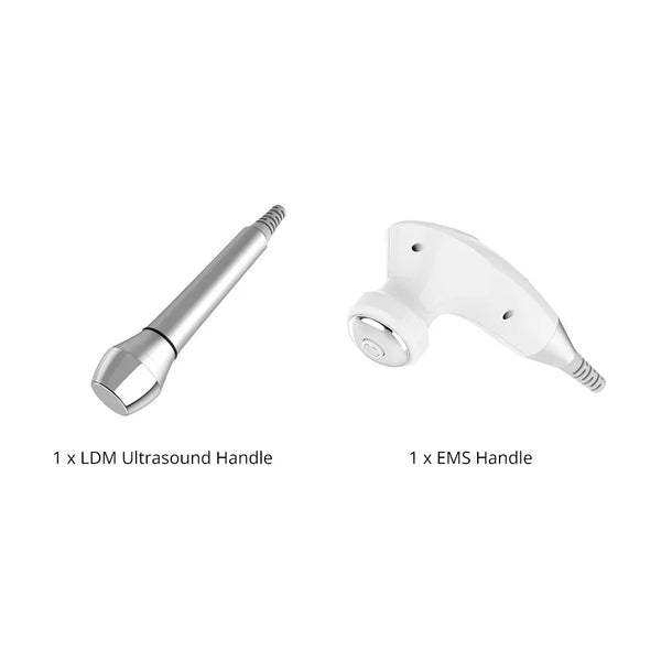 Two handheld dental treatment devices on a white background: a silver LDM ultrasound handle on the left and a white EMS handle on the right, with text labels underneath.