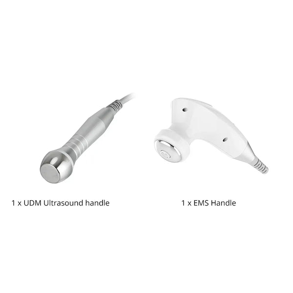 Two handheld medical device handles on a white background: a silver UDM ultrasound handle on the left and a white EMS handle on the right, with small text labels underneath.