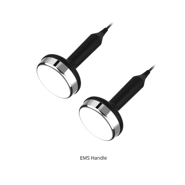 Two black EMS handle tools with circular silver metal heads, shown on a plain white background with the text 'EMS Handle' below.