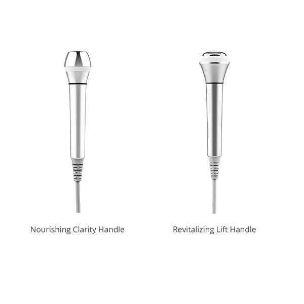 Two silver cosmetic treatment handles shown side by side on a white background, labeled 'Nourishing Clarity Handle' and 'Revitalizing Lift Handle'.