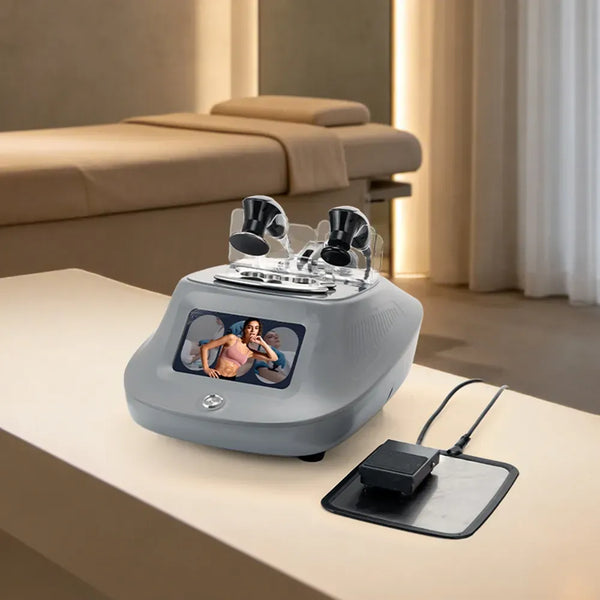 A gray beauty device with dual black applicator heads sits on a beige table in a spa-like room, with a black charging pad and cable beside it and a massage table in the background.
