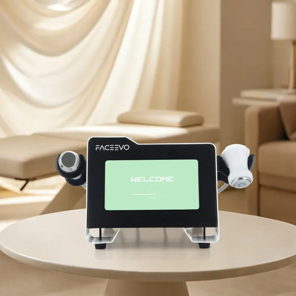 FACEEVO facial cleansing device with two white and black brush heads, displayed on a round beige table in a softly lit spa-like room.