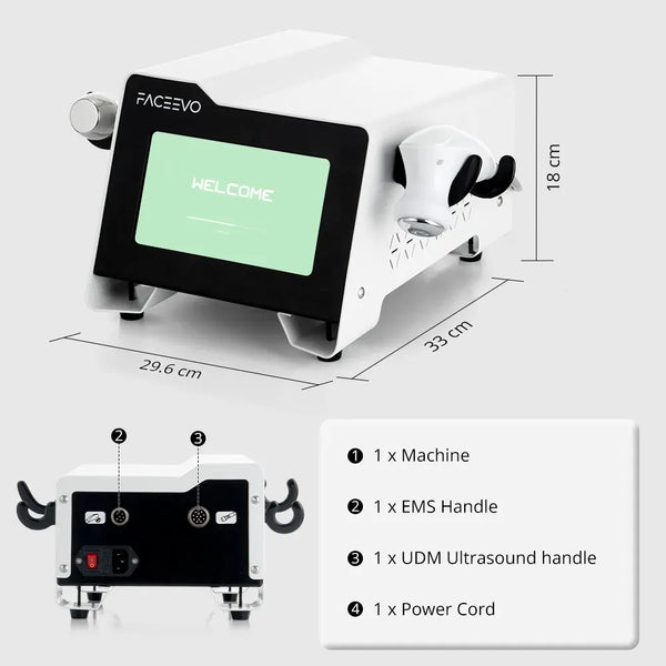 White and black FACEEVO facial cleansing device shown with dimension labels (29.6 cm, 33 cm, 18 cm) on a light gray background, plus a smaller rear view and a product list box indicating one machine, one EMS handle, one dual-frequency ultrasound handle, and one power cord.