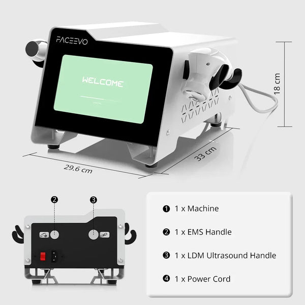 PACEVO white and black EMS massage device with a touch screen, shown with dimension measurements (29.6 cm, 33 cm, 18 cm), a separate black control handle, and a text box listing included accessories.