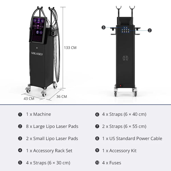 Black UlaLaser mobile beauty device shown from two angles with overlaid dimensions and a product parts list at the bottom, on a white and light gray background.