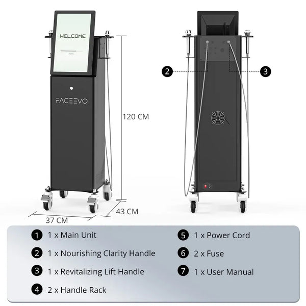 Measurement chart of a Faceevo device with dimensions and components listed.
